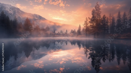 Jezioro otoczone drzewami, na tle wysokiej góry. Obraz przedstawia spokojną scenerię mglistej przyrody, z wodą, drzewami i górą.