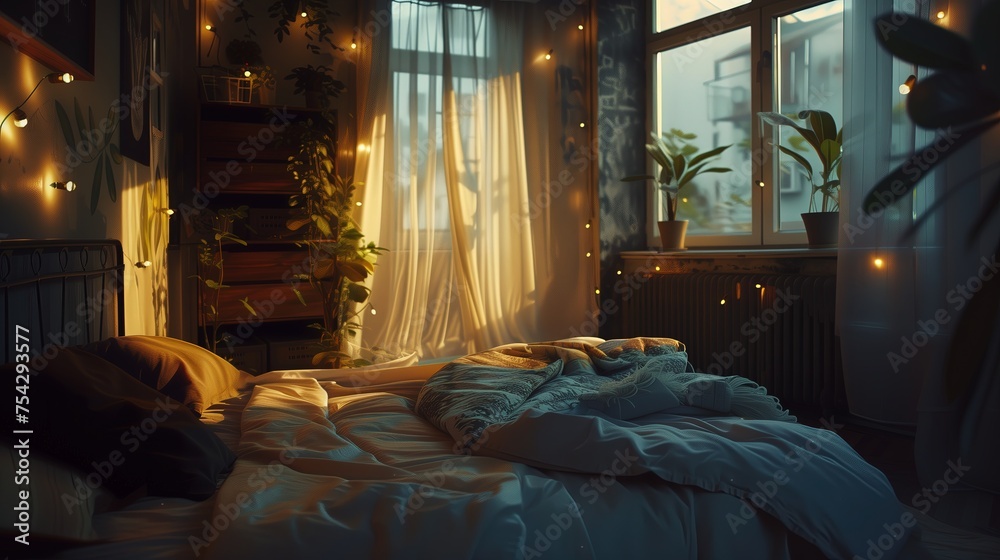 Wygodna sypialnia z podwójnym łóżkiem przy oknie, na którym wiszą lampki tworząc przytulną atmosferę. - obrazy, fototapety, plakaty 