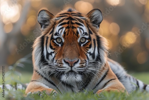Tiger lies on the grass