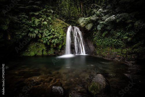 Pure nature, a waterfall with a pool in the forest. The Ecrevisses waterfalls, Cascade aux écrevisses on Guadeloupe, in the Caribbean. French Antilles, France