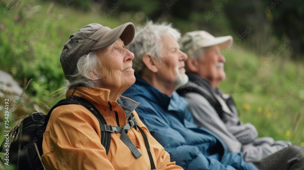 Seniors enjoying a moment of rest after a hike