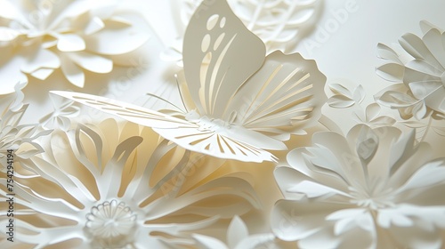Na zdjęciu widać zbliżenie delikatnych papierowych kwiatów i motyla. Kwiaty wydają się być starannie wykonane i ułożone z dbałością o szczegóły.