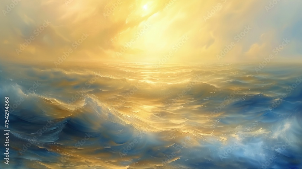 Obraz przedstawia wzburzone fale morskie, oświetlone delikatnym, złotym światłem. Malownicze widoki z pogranicza wody i nieba tworzą wspaniały, spokojny krajobraz. - obrazy, fototapety, plakaty 