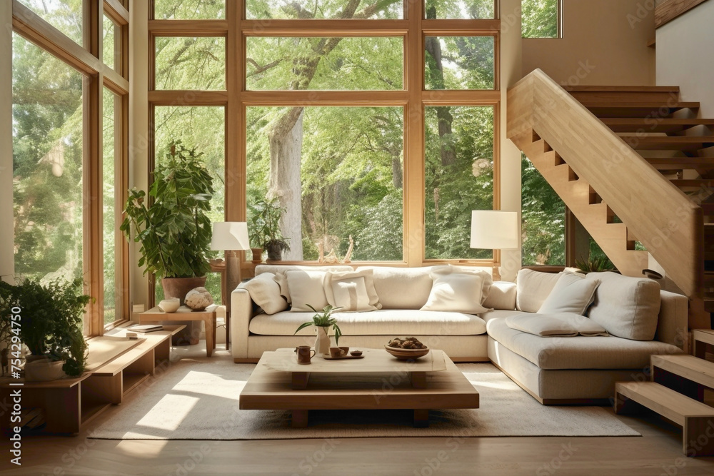 Sunlit living room with beige stairs, plush sofas, and a wooden coffee table, framed by tall windows offering a view of nature.