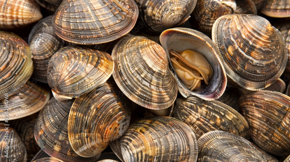 a pile of clams sitting next to each other on top of a pile of other clams next to each other. a pile of clams sitting next to each other on top of a pile of other clams next to each other.