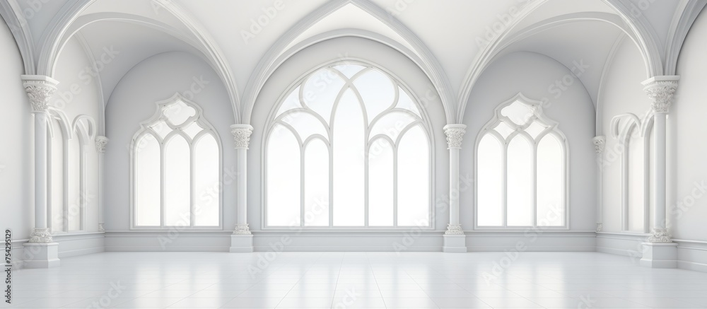 A white room with a multitude of windows and arched doorways, creating a bright and airy space with a minimalist design.