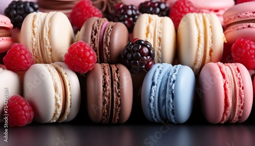 A french sweet macaroons variety topview, macaroon  pastel colourful texture closeup background. Concept of delicious dessert assortment for bakery showcase, pastry, cafe and menu presentaions photo