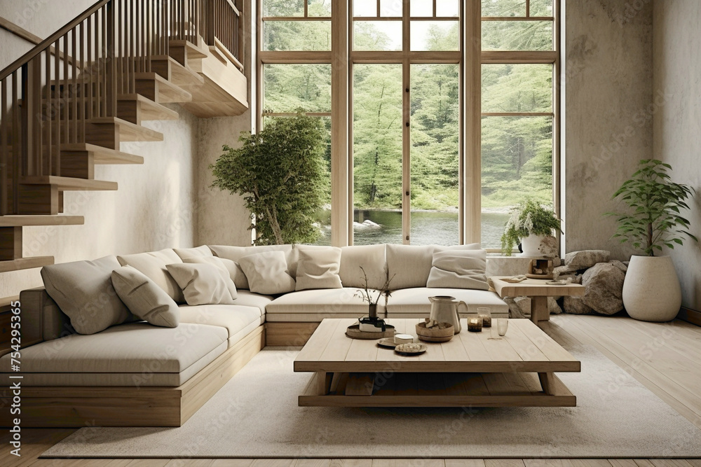 Nordic-style stairs leading to a window-rich living room with beige decor, sofas, and a wooden table, creating a serene interior.
