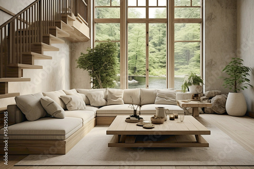 Nordic-style stairs leading to a window-rich living room with beige decor  sofas  and a wooden table  creating a serene interior.