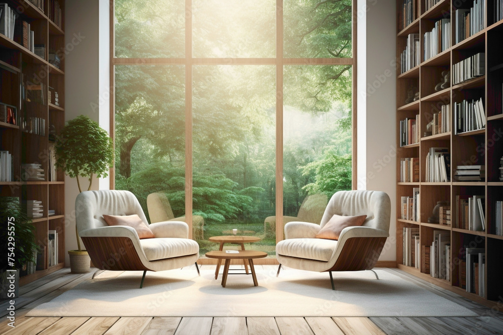 Modern home library with beige armchairs and a large bookshelf filled with colorful books. Sunlight streams through a window, illuminating the inviting space.