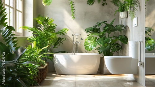 Lush greenery in a bright eco-friendly bathroom interior with natural light enhancing wellness