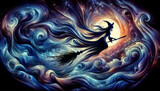 A sorceress with a broom soars through a starry, swirling cosmic backdrop.