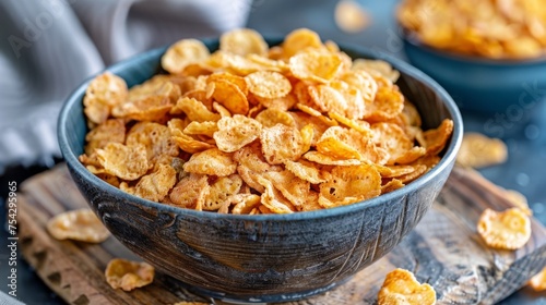  a bowl of corn flakes sitting on top of a wooden cutting board next to another bowl of corn flakes.