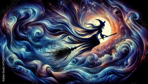 A sorceress with a broom soars through a starry, swirling cosmic backdrop.
