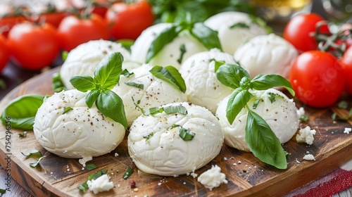  a wooden cutting board topped with mozzarella covered in cheese and basil next to a pile of tomatoes and tomatoes.
