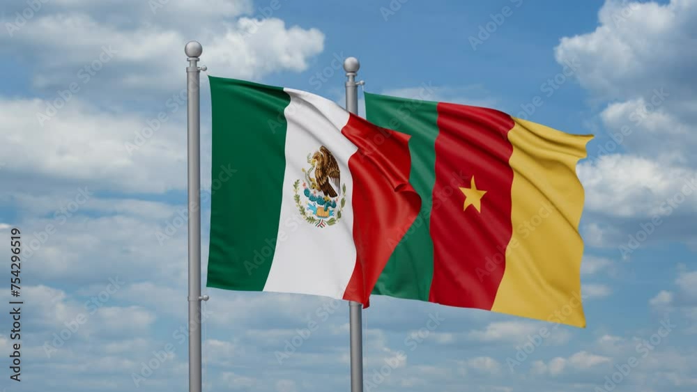 Cameroon and Mexico two flags waving together, looped video, two country relations concept Cameroon and Mexico two flags waving together, looped video, two country relations concept