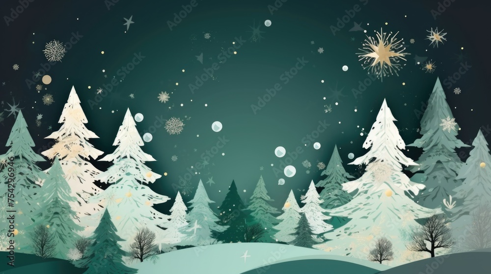 Christmas illustration of a snowy forest with fir trees. AI generative.