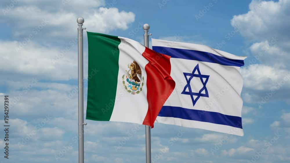 Israel and Mexico two flags waving together, looped video, two country relations concept Israel and Mexico two flags waving together, looped video, two country relations concept