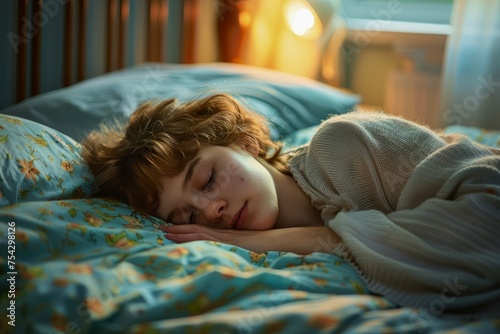Peaceful Young Woman Sleeping Soundly in a Cozy Bed with Warm Lighting and Comfortable Floral Bed Sheets