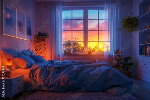 Cozy Bedroom Interior at Twilight with Vibrant Sunset View Through Window, Comfort Home Decor