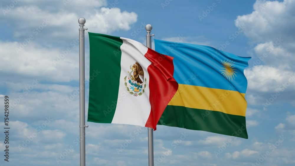 Republic of Rwanda and Mexico two flags waving together, looped video, two country cooperation concept Republic of Rwanda and Mexico two flags waving together, looped video, two country cooperation concept
