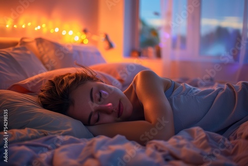 Peaceful Woman Sleeping Soundly in Comfortable Bed Under Soft Lighting at Twilight