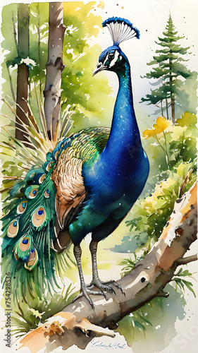 Colorful peacock perched on a tropical tree branch in vibrant jungle setting