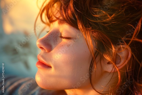 Serene Young Woman with Freckles Enjoying a Warm Sunset, Peaceful Female Portrait in Golden Hour Light