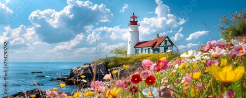 Lighthouse surrounded by spring blooms creates a picturesque scene. Concept Spring Blooms, Lighthouse Photography, Scenic Views, Nature's Beauty, Maritime Landmarks photo