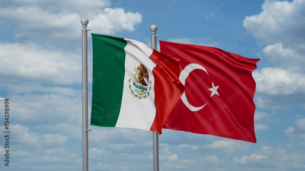 Republic of Turkey and Mexico two flags waving together, looped video, two country cooperation concept Republic of Turkey and Mexico two flags waving together, looped video, two country cooperation concept