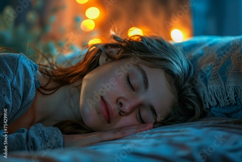 Serene Young Woman Enjoying Peaceful Sleep in Cozy Bedroom with Warm Ambient Lights