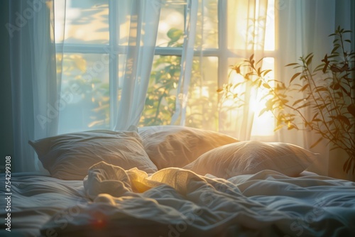 Cozy Morning Bedroom Scene with Sunlight Filtering Through Sheer Curtains and Soft Bedding Inviting Rest and Relaxation photo
