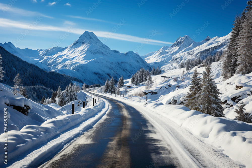 A breathtaking mountain road covered in a blanket of fresh snow, with snow-capped peaks in the background and a clear blue sky above.