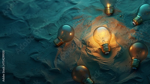 Conceptual image of an illuminated light bulb in sand depicting creative ideas