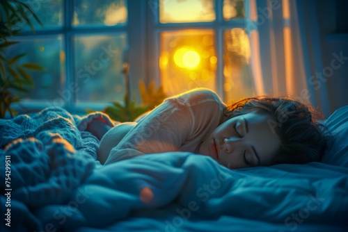 Young Woman Enjoying a Peaceful Nap in Bed with Soft Sunlight Streaming Through Window at Dawn