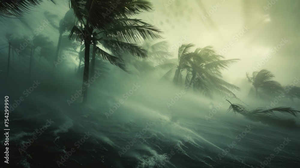 Extreme weather conditions. Very strong wind blows palm trees on island. Tropical storm. Bad weather concept. Flood on the beach. Flooding due to heavy rain. Dangerous thunderstorm. - obrazy, fototapety, plakaty 