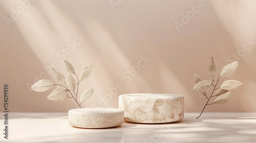 Blank product three podium. Minimal scene mockup with 3 stone  product podium with copy space  promotions  cosmetic product showcases. copy space - generative ai