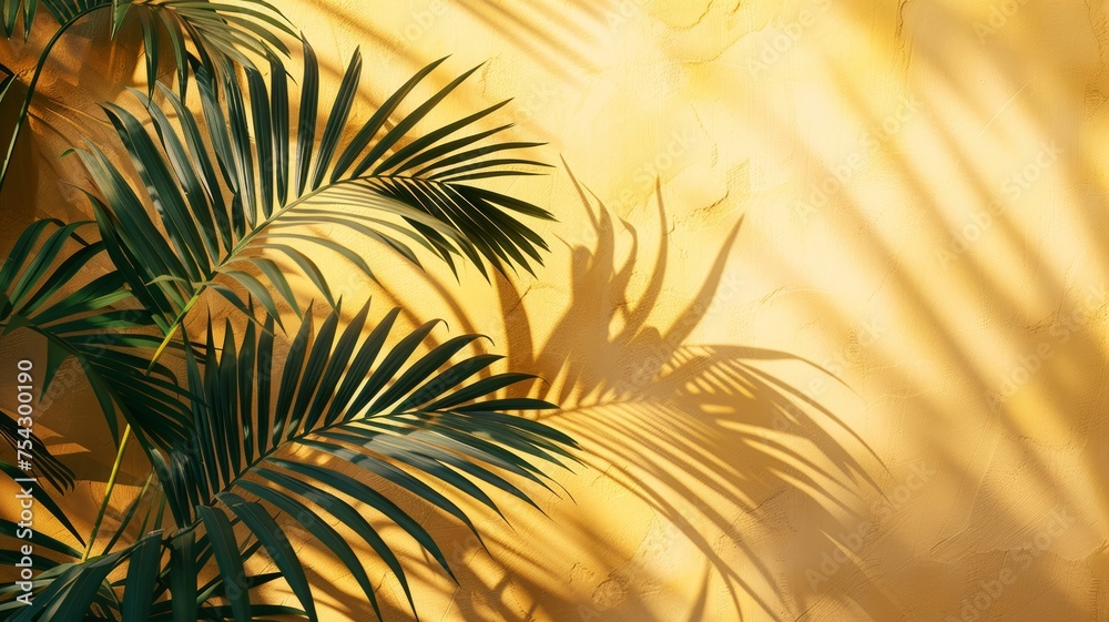 Palm shadows on a textured yellow wall, creating a tropical minimalist aesthetic Palm shadows on a textured yellow wall, creating a tropical minimalist aesthetic