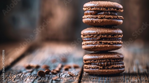  a stack of chocolate cookies sitting on top of a wooden table next to a pile of chocolate macaroons.