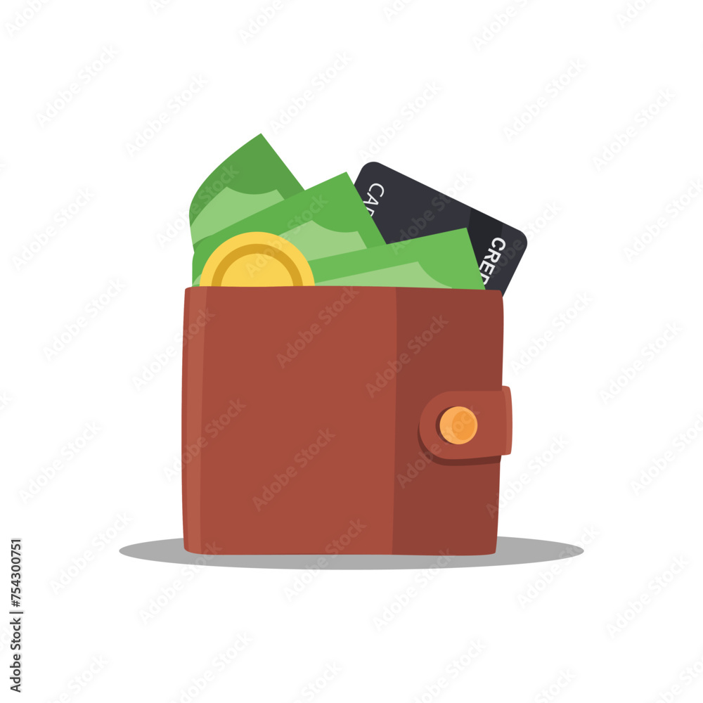 Brown leather wallet with credit card, dollar banknotes and golden coins. Online payment concept. Money vector icon