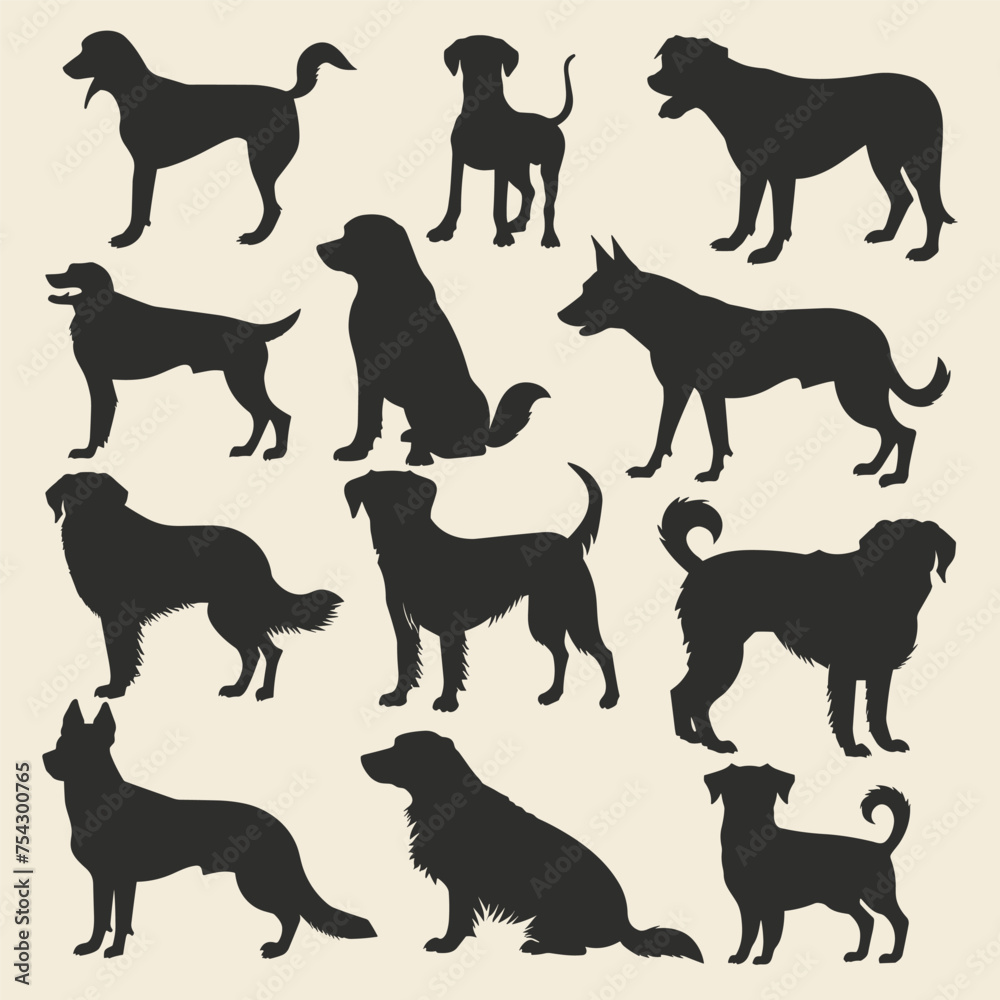 Vector Silhouette set of dogs on an Isolated Background