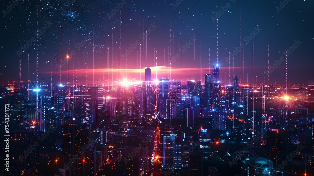 Futuristic cityscape with vibrant light streaks and digital skyscrapers