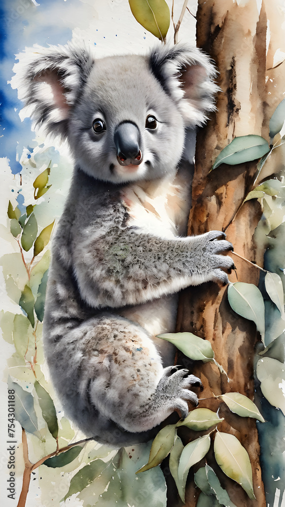 watercolor illustration koala in tree
