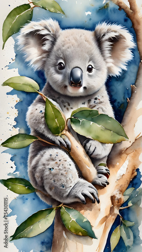 watercolor illustration koala in tree photo