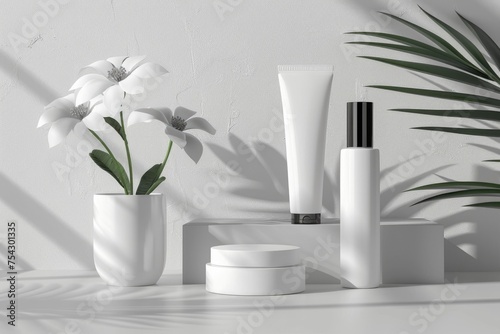 Mockup of white containers for cosmetics, cream, serum, gel on a white background. ai generated