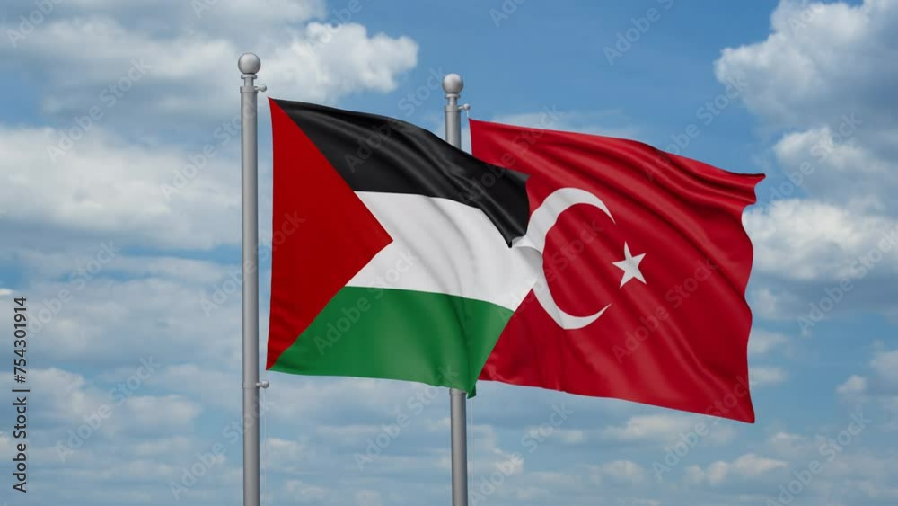 Republic of Turkey and Palestine two flags waving together, looped video, two country cooperation concept Republic of Turkey and Palestine two flags waving together, looped video, two country cooperation concept