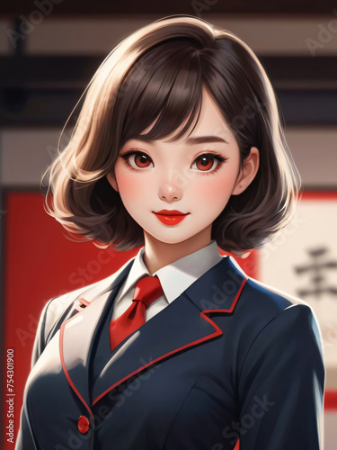 Cartoon style, a girl with short hair,  confident smile, professional and attractive outfit