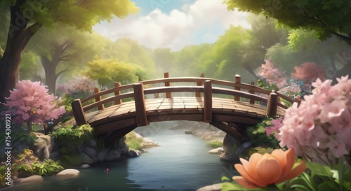 An image of wooden bridge surrounded by trees and flowers on both sides of the river, poetic and peaceful, cartoon style