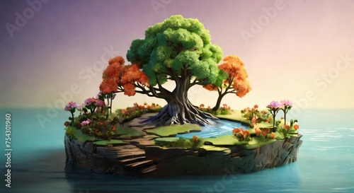Model of an island with a huge old tree in the middle and flowers around, cartoon style
