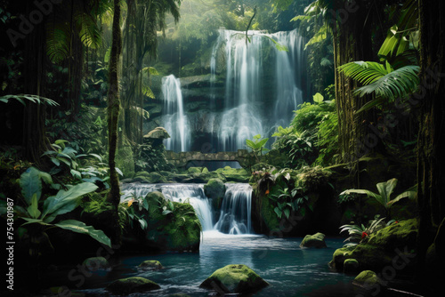 A cascading waterfall hidden in a lush, tropical rainforest
